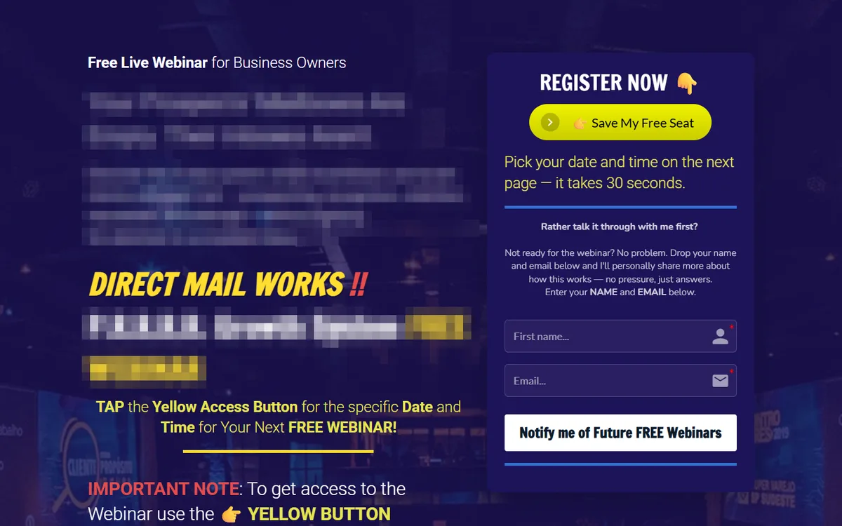 A real webinar page, anonymized, before the redesign